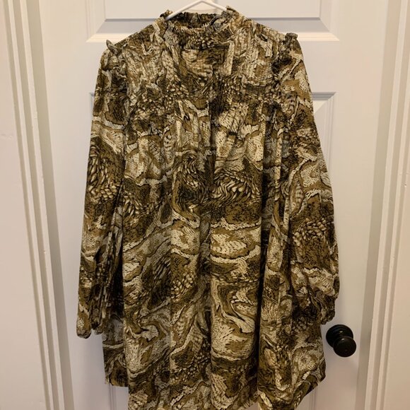 Women's GANNI Tiger's Eye Cotton Smocked Button Back Dress Mini Size 40 Large - Picture 6 of 8